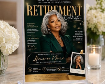 Retirement Celebration Poster Template, Editable Magazine Cover Invite, Green Gold Retirement Sign, Canva
