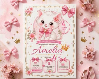 Pink Kitten Birthday Invitation Template, Editable Cat Princess Party Invite, Girl Birthday Canva Template, Kitty Bow Crown Invite Card