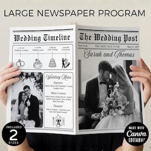 May include: A large newspaper program titled The Wedding Post featuring a wedding timeline, menu, and black and white photographs of a couple. The layout includes text for Sarah and Thomas, dated May 23, 2027, with sections for starters, main courses, and dessert.