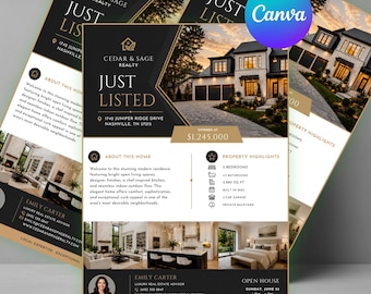 Luxury Real Estate Flyer Canva Template | Black Gold Listing (Instant Download)