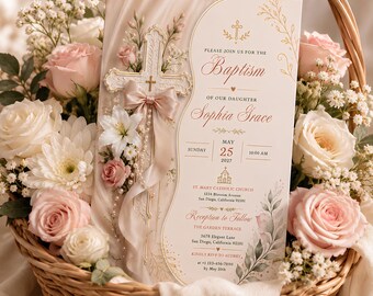 Baptism Invitation Template, Elegant Cross Pearl Rose Christening Invite for Baby Girl, Editable Canva Template, Printable Digital Downloads