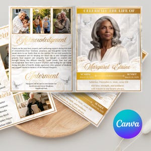 Funeral Program Template: White Gold Dove Obituary Celebration of Life (8 Pages)