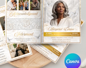 Funeral Program Template: White Gold Dove Obituary Celebration of Life (8 Pages)