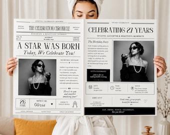 Newspaper Birthday Invitation Template, Editable Vintage Chronicle 2-Page Invite, Milestone Birthday Canva Template, Any Age Party Invite