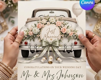 Wedding Congratulations Card Template, Editable Just Married Car Wedding Day Card, Printable Floral Mr & Mrs Card, Canva Template