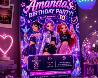 Invito di compleanno a tema Kpop Demon Hunters / Modello modificabile su Canva / Invito per festa a tema anime per ragazze / Download digitale / Biglietto stampabile per bambini