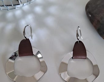 Silver Tone Geometric Dangle/Drop Hook Earrings, Brown Accent, Round Shape