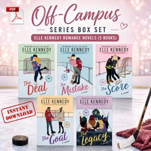 Puede incluir: Un set digital de cinco novelas románticas Off-Campus de Elle Kennedy, incluyendo The Deal, The Mistake, The Score, The Goal y The Legacy. Cada portada presenta personajes ilustrados en entornos de hockey con títulos en letra cursiva.