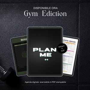 Può includere: Tre schermi di tablet digitali che mostrano un pianificatore di allenamento. Lo schermo centrale presenta il testo PLAN ME con un'icona di manubrio. Lo schermo sinistro mostra un registro di allenamento e quello destro un tracciatore di spese. Testo DISPONIBILE ORA.