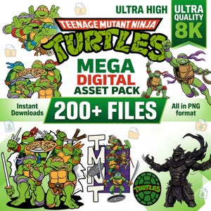 May include: A digital asset pack featuring Teenage Mutant Ninja Turtles graphics, including over 200 PNG files. The collection displays various illustrations of the four turtles, pizza, and the Shredder character, with text reading Ultra High 8K.