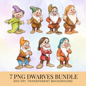 Könnte beinhalten: Ein digitales Illustrationsset mit sieben verschiedenen Zwergenfiguren mit weißen Bärten, die bunte Tuniken, Gürtel und Mützen tragen. Der Text am unteren Rand lautet 7 PNG DWARVES BUNDLE 300 DPI, TRANSPARENT BACKGROUND. Jede Figur hat eine eigene Pose.