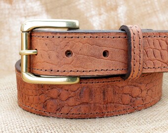 Handmade Leather Crocodile Print Belt With Solid Brass Buckle