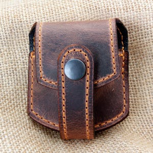 Handmade Brown Waxed Buffalo Leather Pocket Fob Watch Pouch with Orange Thread