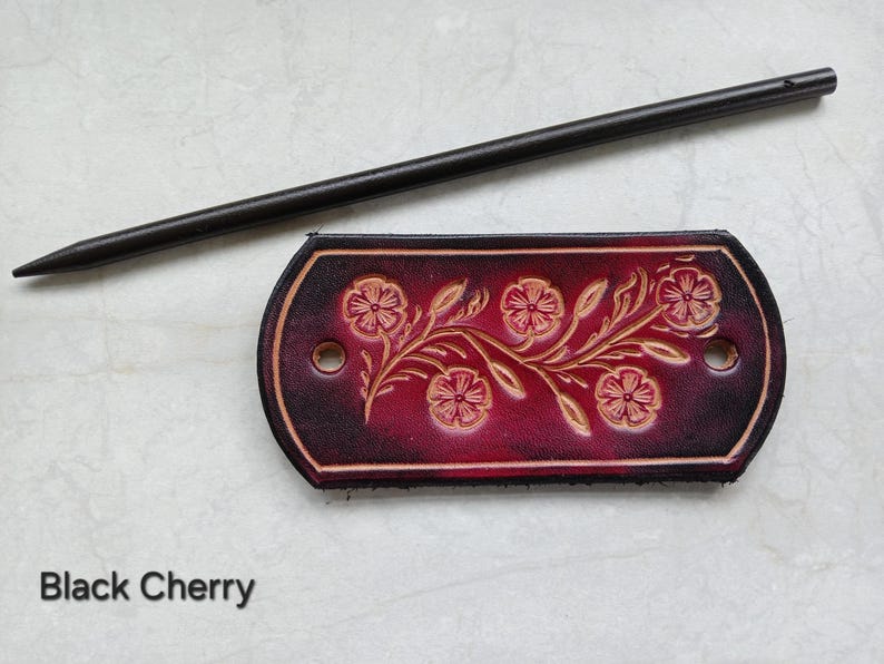 Black Cherry coloured leather hair barrette.