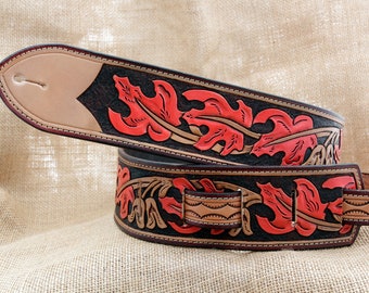 Handmade Leather Red Maple Leaf Guitar Strap