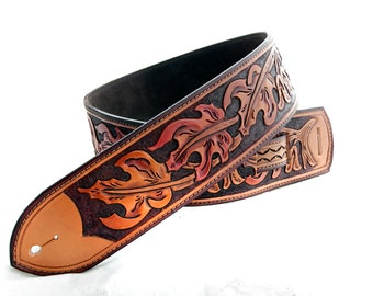 Handmade Leather Tooled Autumn Leaf Guitar Strap