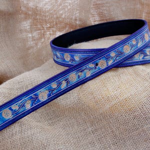 Handmade Blue Floral Leather Belt with Silver Coloured Buckle