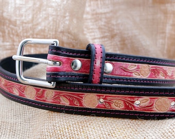 Handmade Leather Belt - Red Flower Carvings, Black Wash  display picture 1