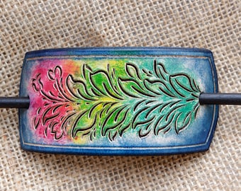 Handmade Rainbow Floral Leather Hair Barrette with Wooden Stick