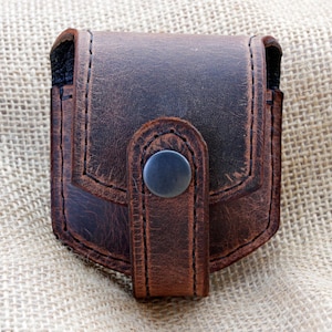 Handmade Brown Waxed Buffalo Leather Pocket Fob Watch Pouch with Black Thread