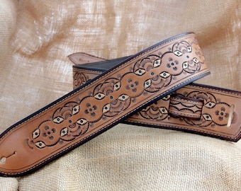 Handmade Traditional Western Tooled Leather Guitar Strap