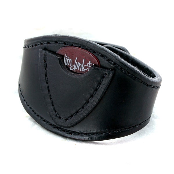 Handmade Black Leather Wristband with Guitar Pick Pocket