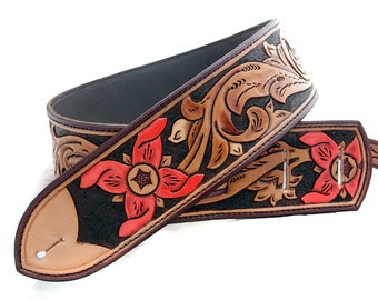 Handmade Leather Floral Tooled Guitar Strap