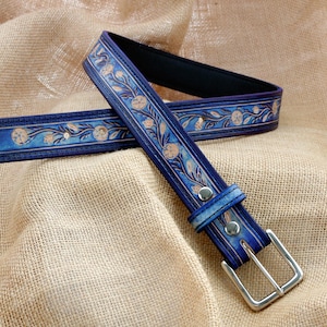 Handmade Blue Floral Leather Belt With Silver Coloured  display picture 1