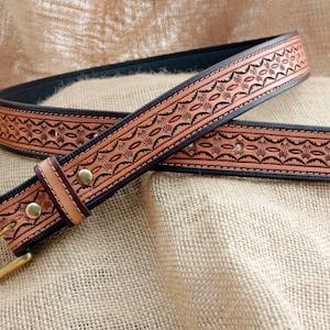 Handmade Tooled Tan Leather Belt with Brass Buckle