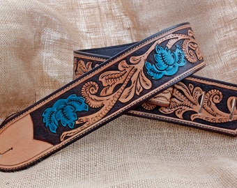Handmade Leather Tooled Turquoise Floral Guitar Strap