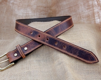 Handmade Distressed Buffalo Leather Belt: Solid Brass Buckle, Stitched & Lined