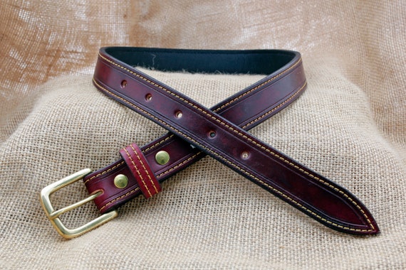 Handmade Oxblood Leather Belt With Yellow Stitching and Brass Buckle Etsy