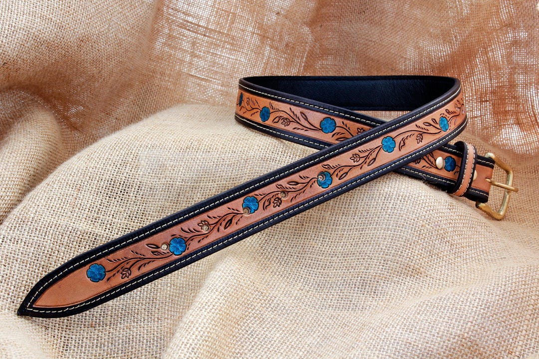 Handmade Turquoise and Brown Floral Tooled Leather Belt With  display picture 1