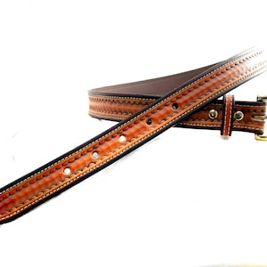 Handmade Tooled Golden Brown Leather Belt With Vintage Solid Brass Buckle