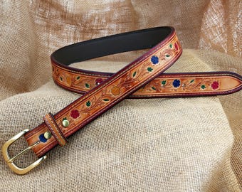 Handmade Colourful Floral Tooled Leather Belt with Brass Buckle