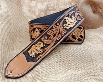 Handmade Leather Tooled Gold Floral Guitar Strap