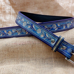 Handmade Blue Floral Leather Belt with Silver Coloured Buckle