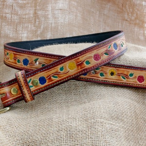 Handmade Colourful Floral Tooled Leather Belt with Brass Buckle