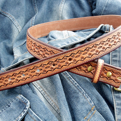 Brown Leather Belt : Tooled Western Border With Distressed - Etsy