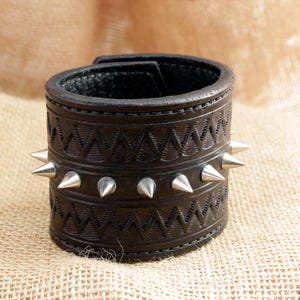 Handmade Black Leather Wristband Cuff with Spikes