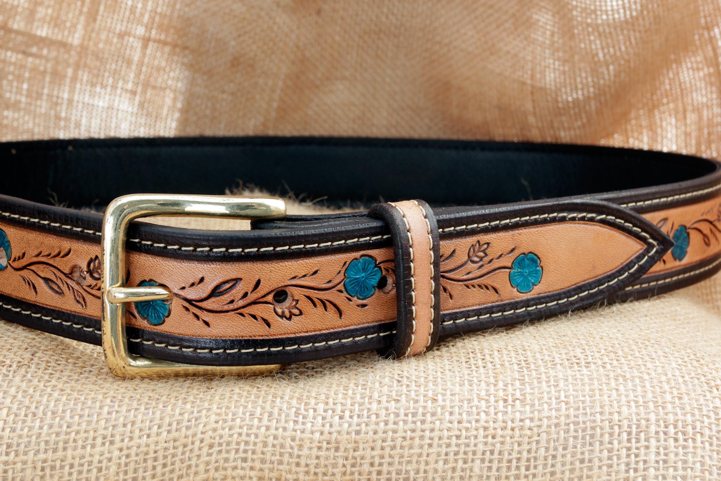 Handmade Turquoise and Brown Floral Tooled Leather Belt With 