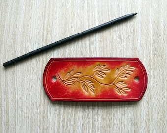 Handmade Leather Hair Barrette with Wooden Stick Leaf Design