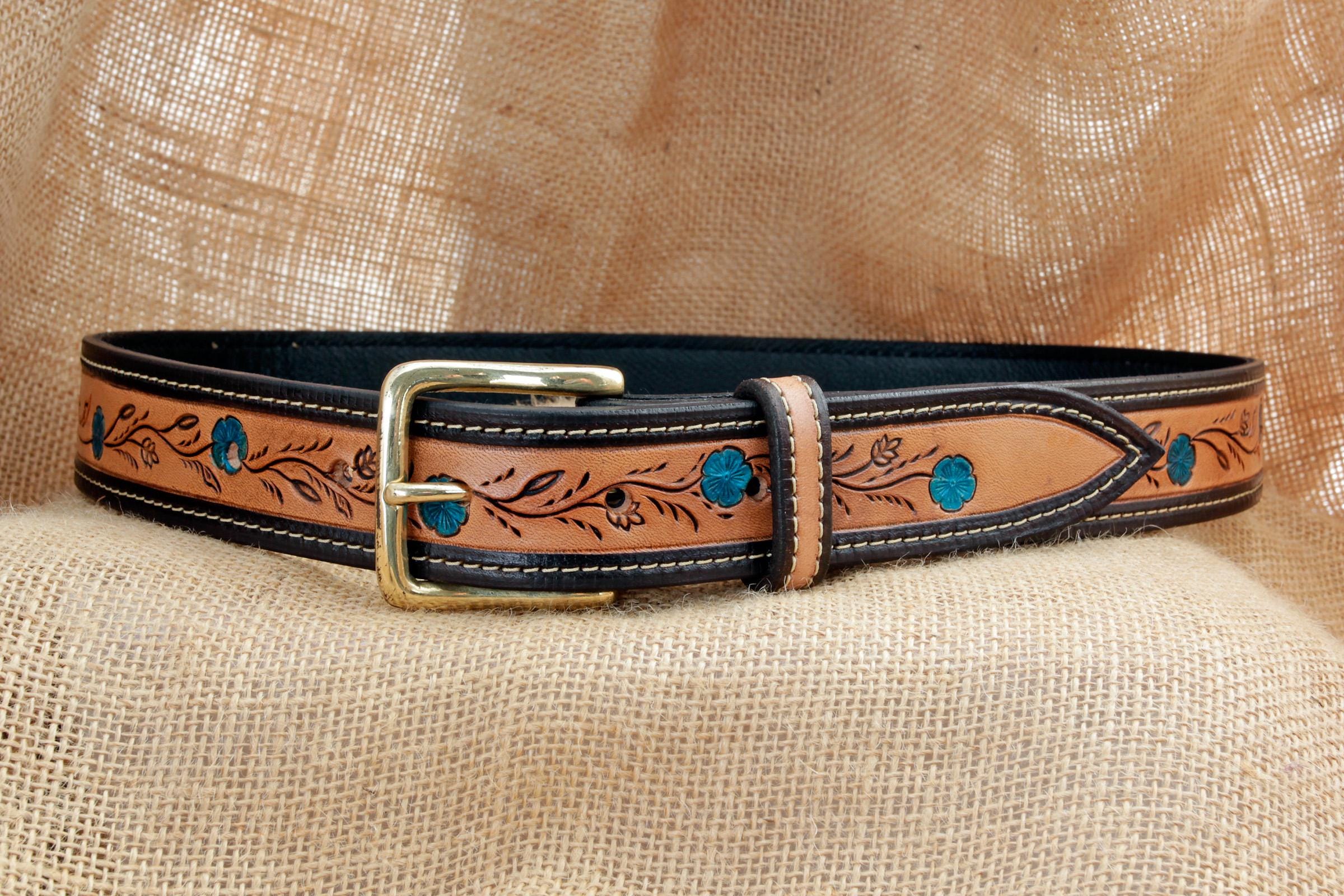 Decorative Brown Leather Belt with Turquoise Floral Inlay Western Belt Full Grain Leather Hand Painted Tooled  main image 4