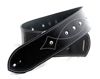 Handmade Black Leather Guitar Strap With Stitching Detail and Dome Studs