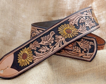 Handmade Leather Hand Tooled Wild Sunflower Guitar Strap