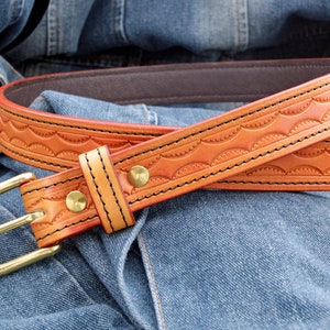Hand Made Tan Coloured Tooled Leather Belt