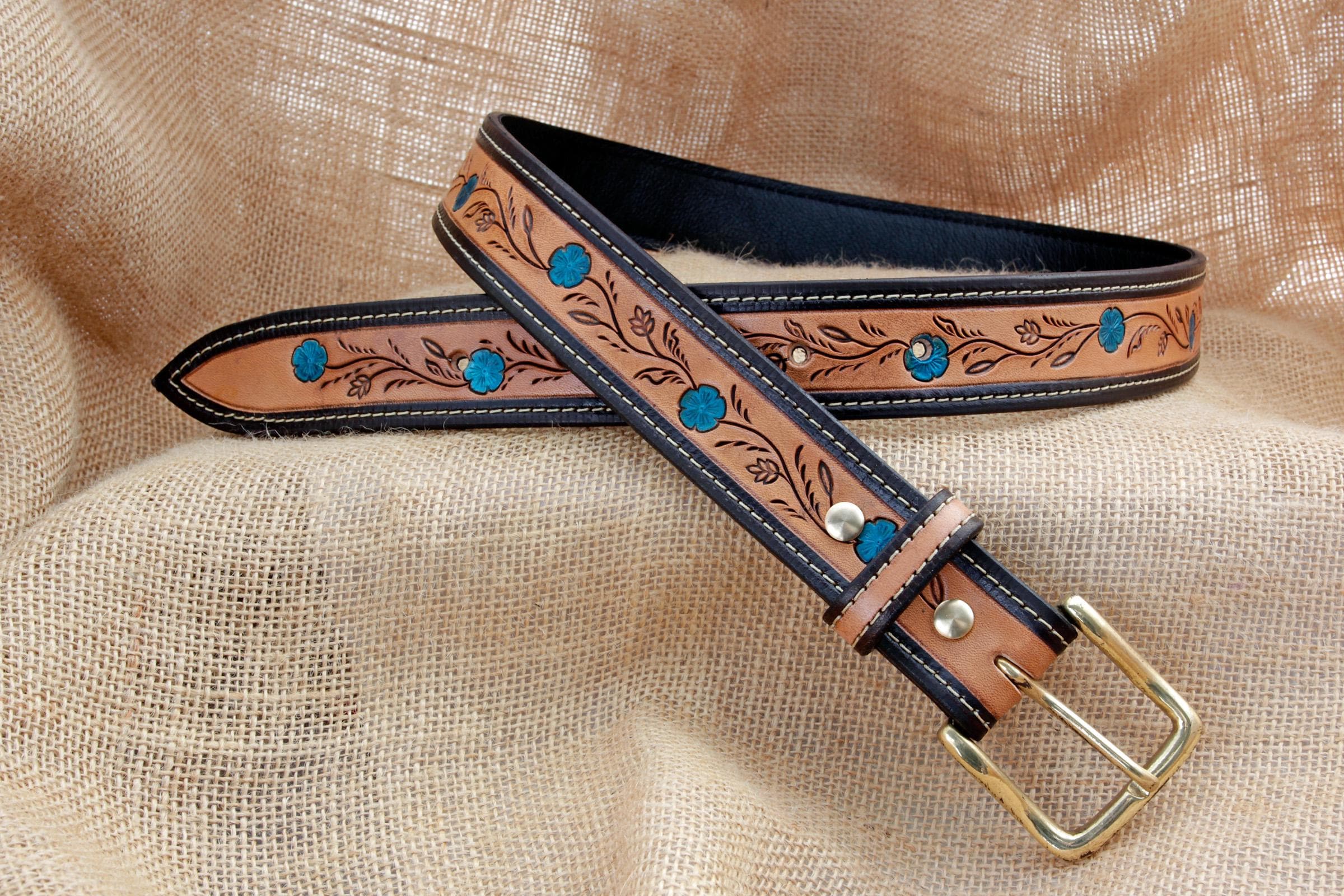Handmade Turquoise and Brown Floral Tooled Leather Belt With 