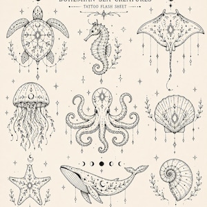 May include: A black and white tattoo flash sheet titled BOHEMIAN SEA CREATURES featuring line art illustrations of a sea turtle, seahorse, stingray, jellyfish, octopus, seashell, starfish, whale, and nautilus shell adorned with celestial symbols.