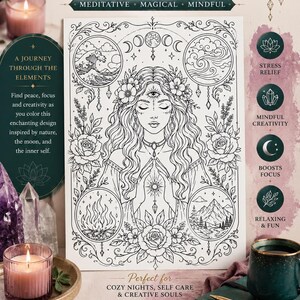 May include: A digital download coloring page titled Sacred Elements featuring a central figure with a third eye, surrounded by floral motifs and four circular vignettes depicting water, moon phases, fire, and mountains, with text elements throughout.