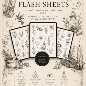 May include: A digital collection of Procreate flash sheets featuring black and white line art illustrations of celestial, floral, and apothecary motifs. The layout includes three tablet screens displaying tattoo designs, surrounded by decorative botanical and mystical drawings.